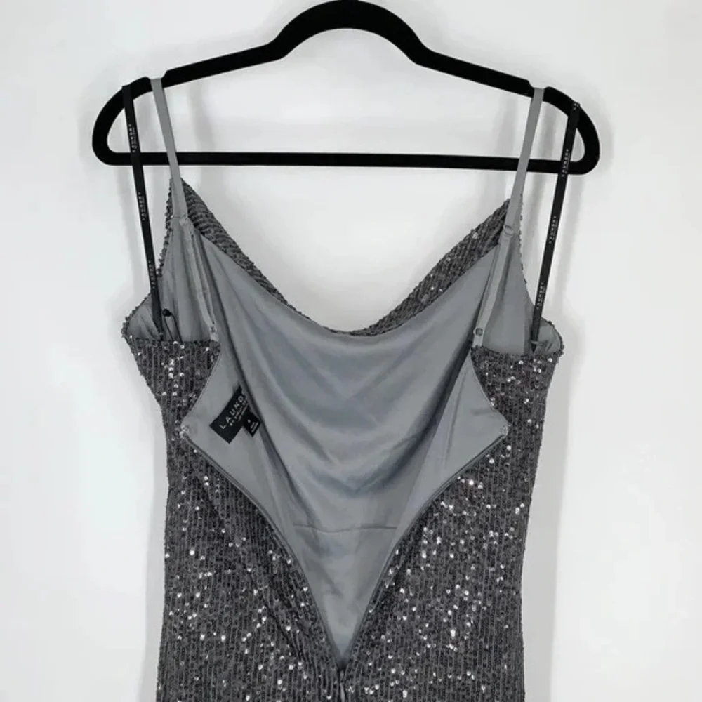 LAUNDRY by Shelli Segal Sequin Cowl Neck Slip Midi Dress in Gunmetal - Picture 11 of 12